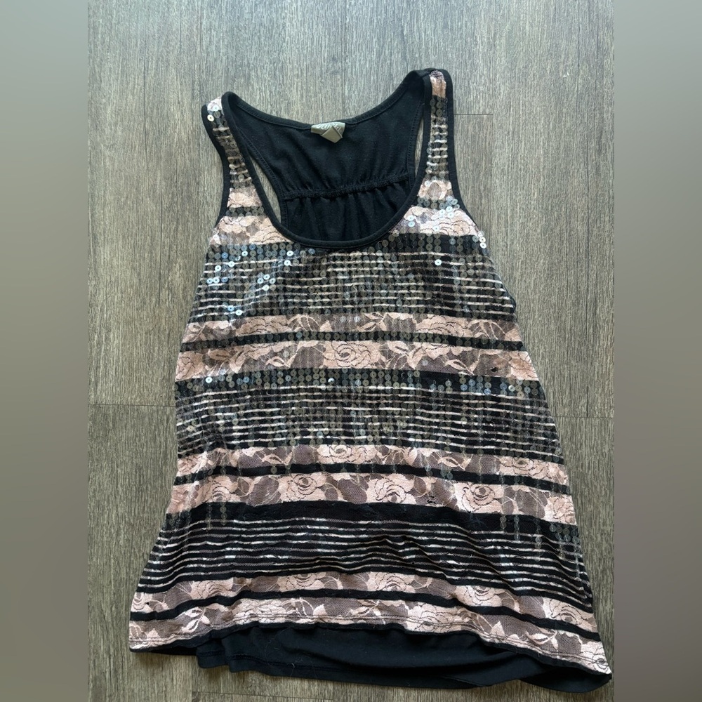 Vanity Black and Pink Striped Sequin Tank Top